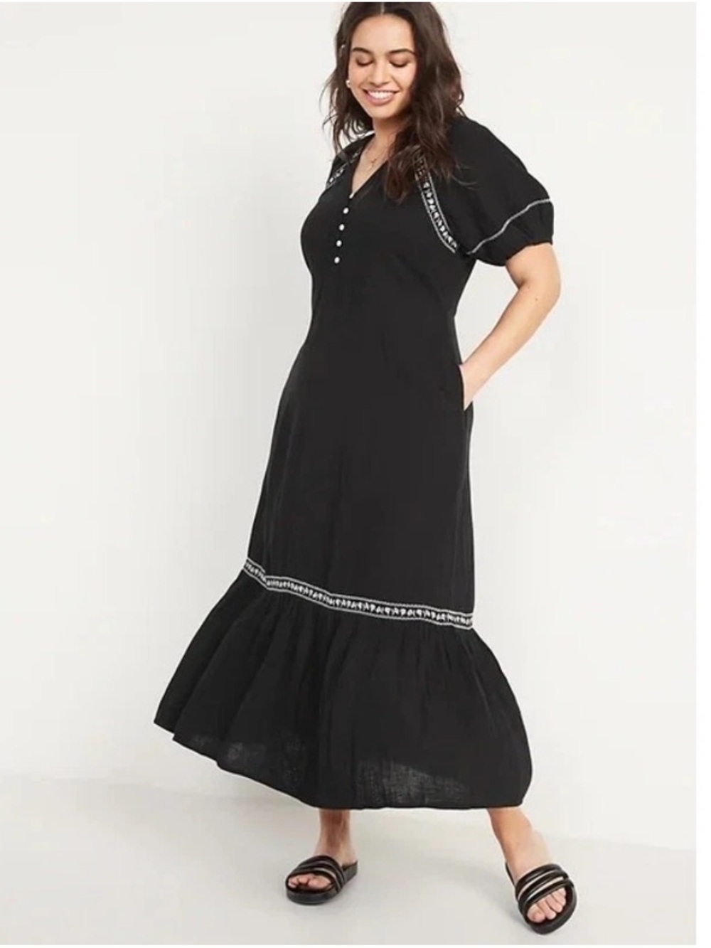 Old Navy bohemian white Embroidery Short Puff Sleeve Black Peasant Dress pockets